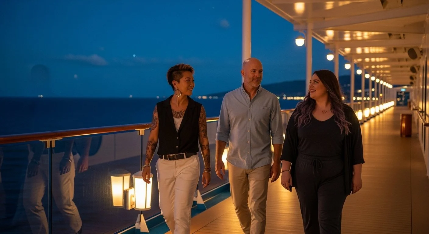 An evening conversation on a cruise ship deck — one of the unscheduled moments that retreat participants describe most when they try to explain why they came back different.