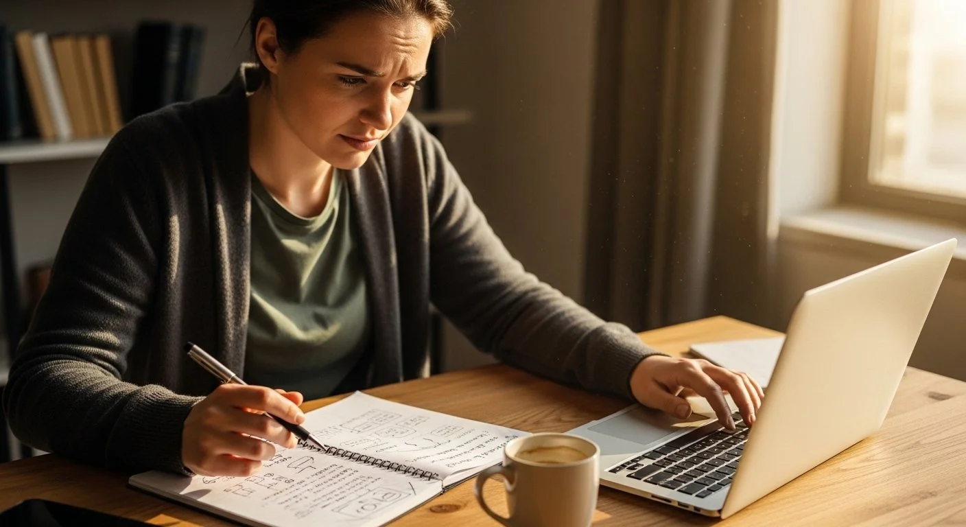 Business coach at laptop surrounded by planning notes looking overwhelmed