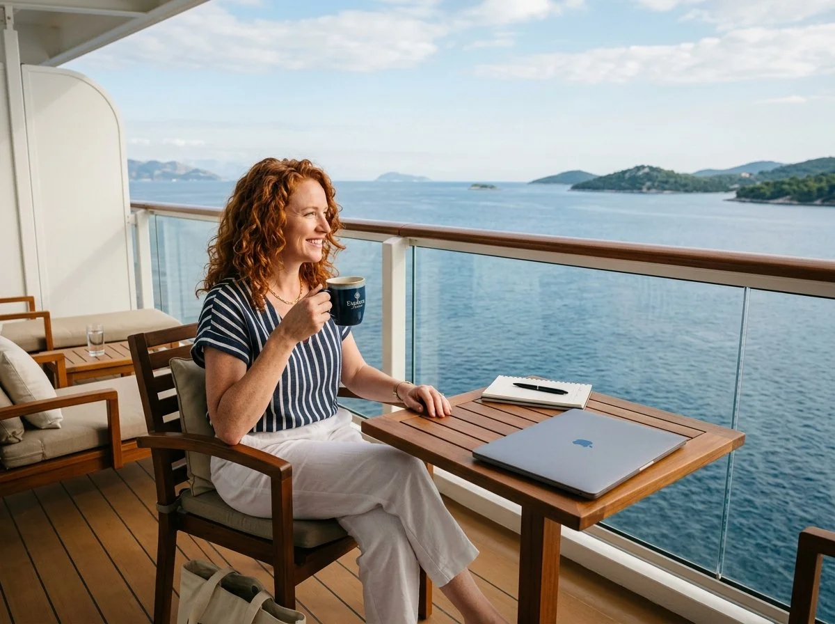 Professional relaxing on cruise ship balcony with ocean view