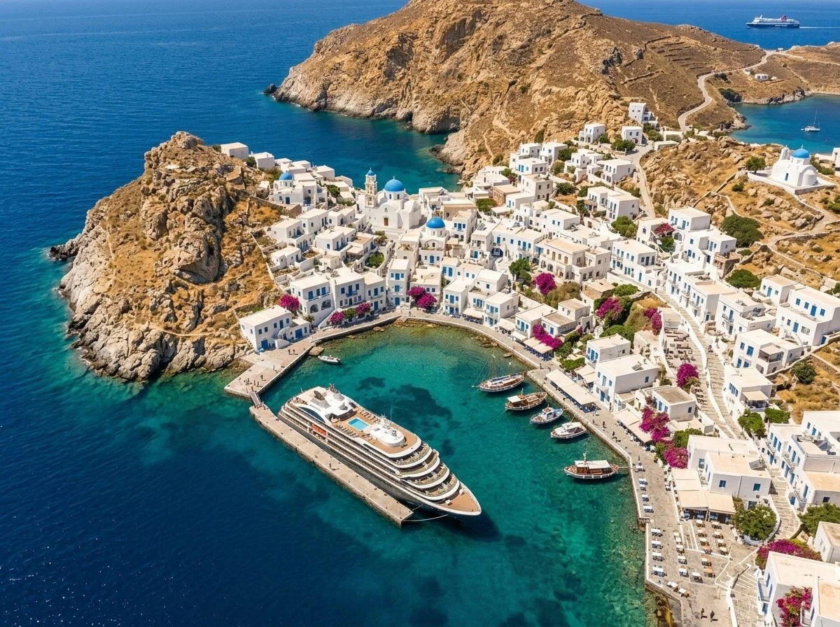 Small boutique cruise ship docked in intimate uncrowded Mediterranean port