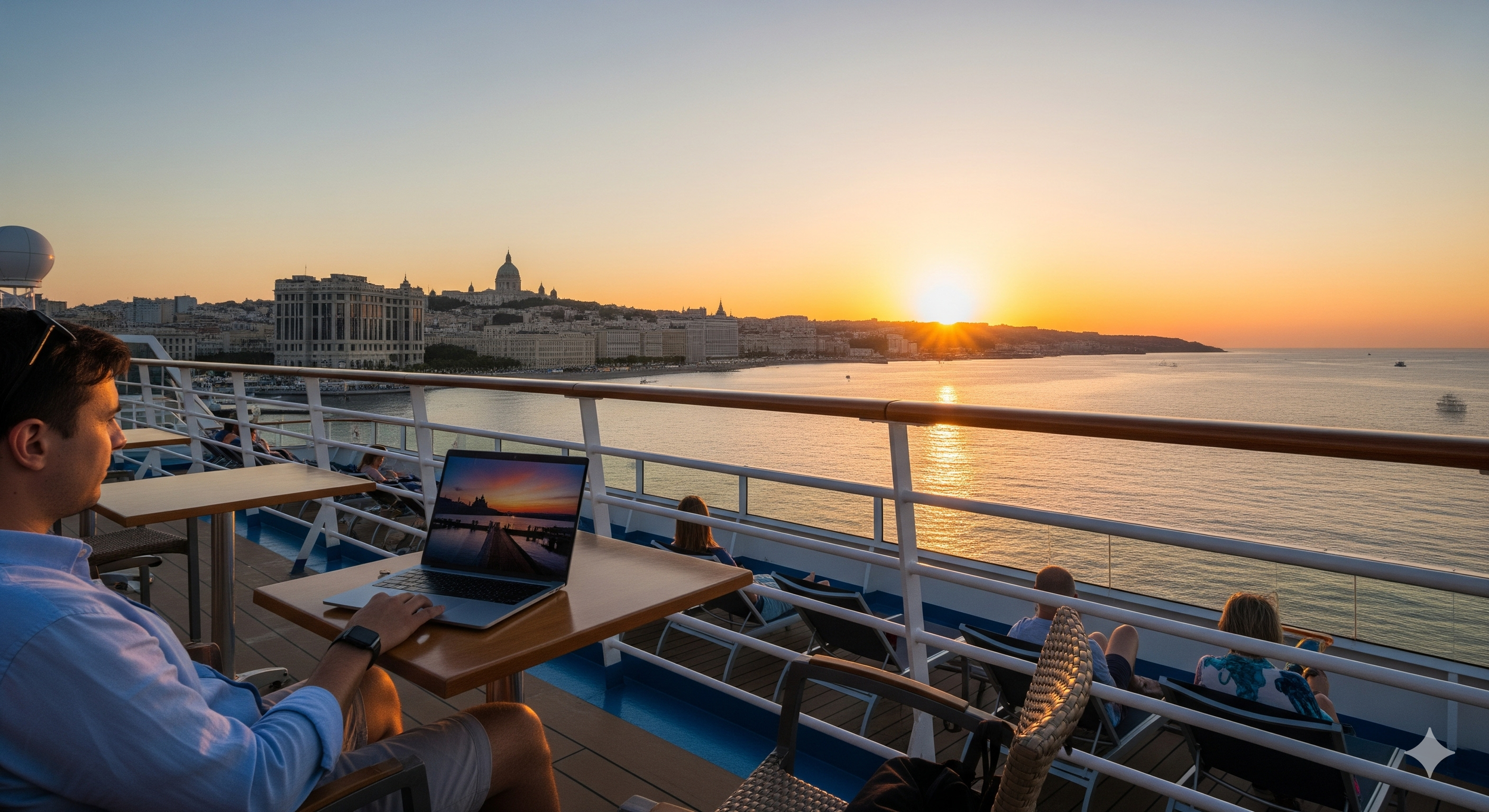 A serene ocean view from a cruise ship deck with a man in his 30s working peacefully on a laptop, with the sea and a European port city in the background.