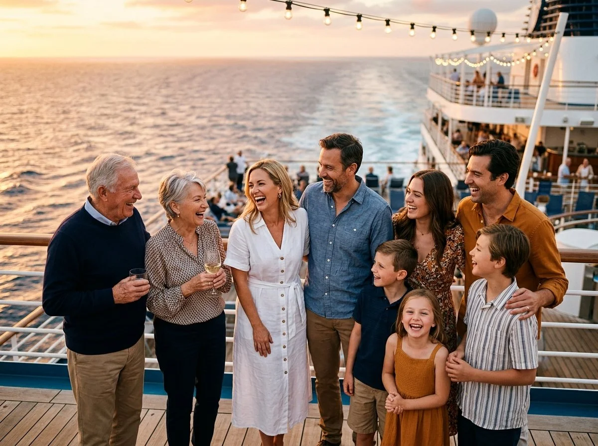 Multi-generational family group celebrating together on a cruise ship deck