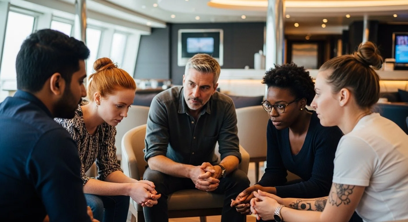 A small coaching group in deep conversation on a cruise ship — the kind of focused, present retreat environment that only happens when the container is designed for it.