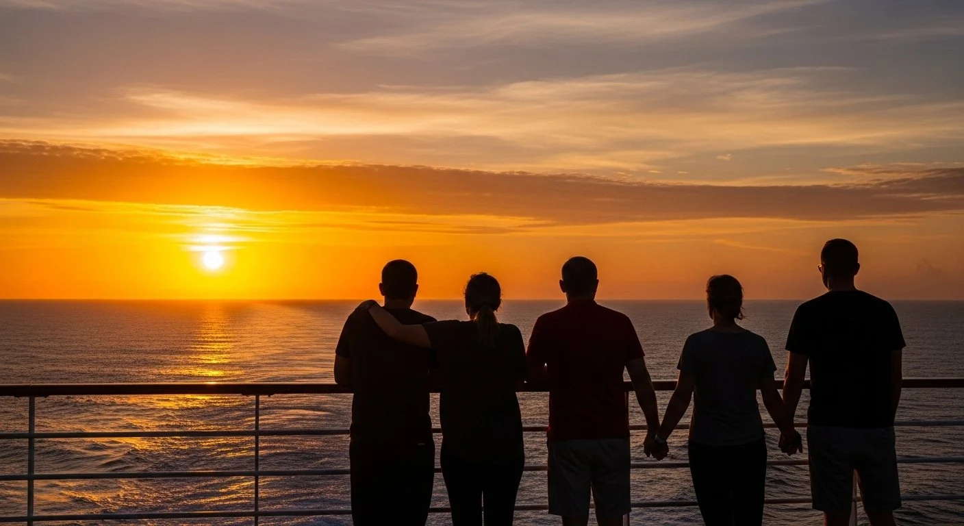 Group gathering for sunset ritual on cruise ship during professional retreat