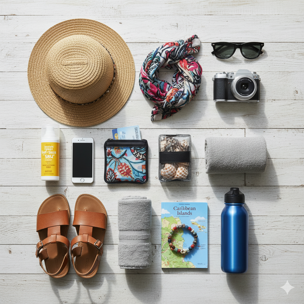 AI generated flatlay showing port essentials like a water bottle, a towel, sandals, a phone, sunscreen, a hat, a scarf, a camera, and a wallet with money