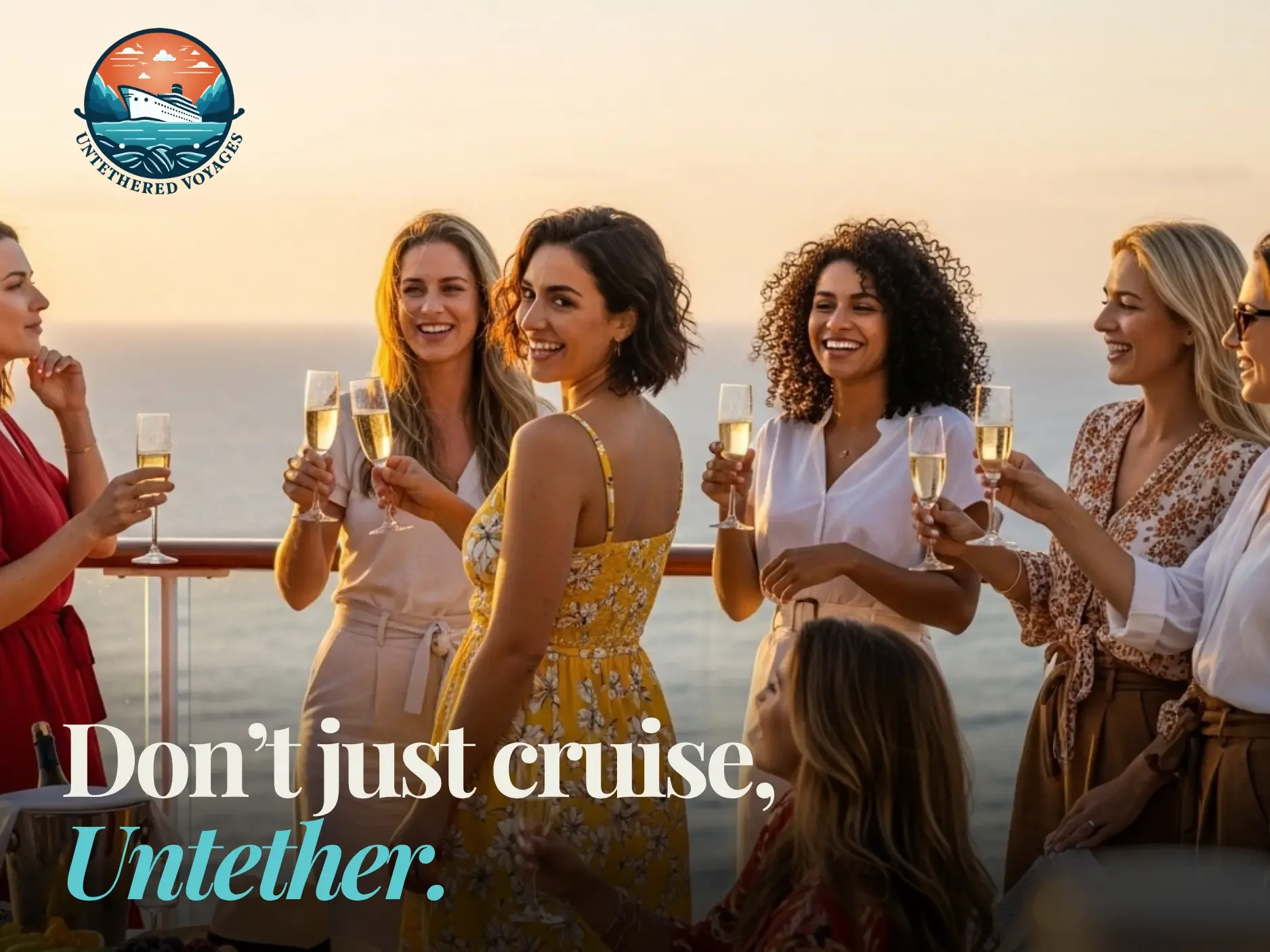 A diverse group of women celebrating with champagne on a cruise ship deck at golden hour, with the Untethered Voyages logo and the tagline "Don't just cruise, Untether."