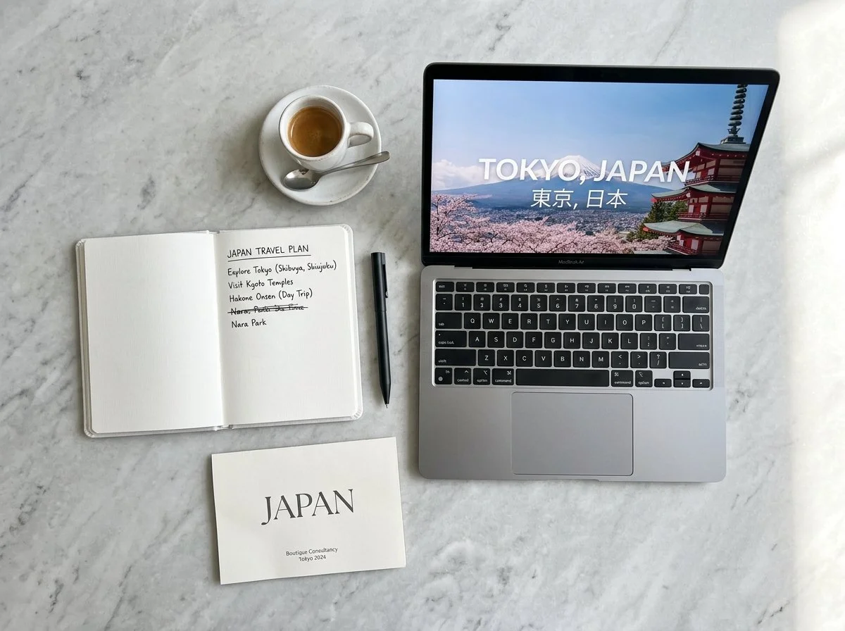 Travel advisor planning documents and itinerary research for a luxury Japan cruise proposal