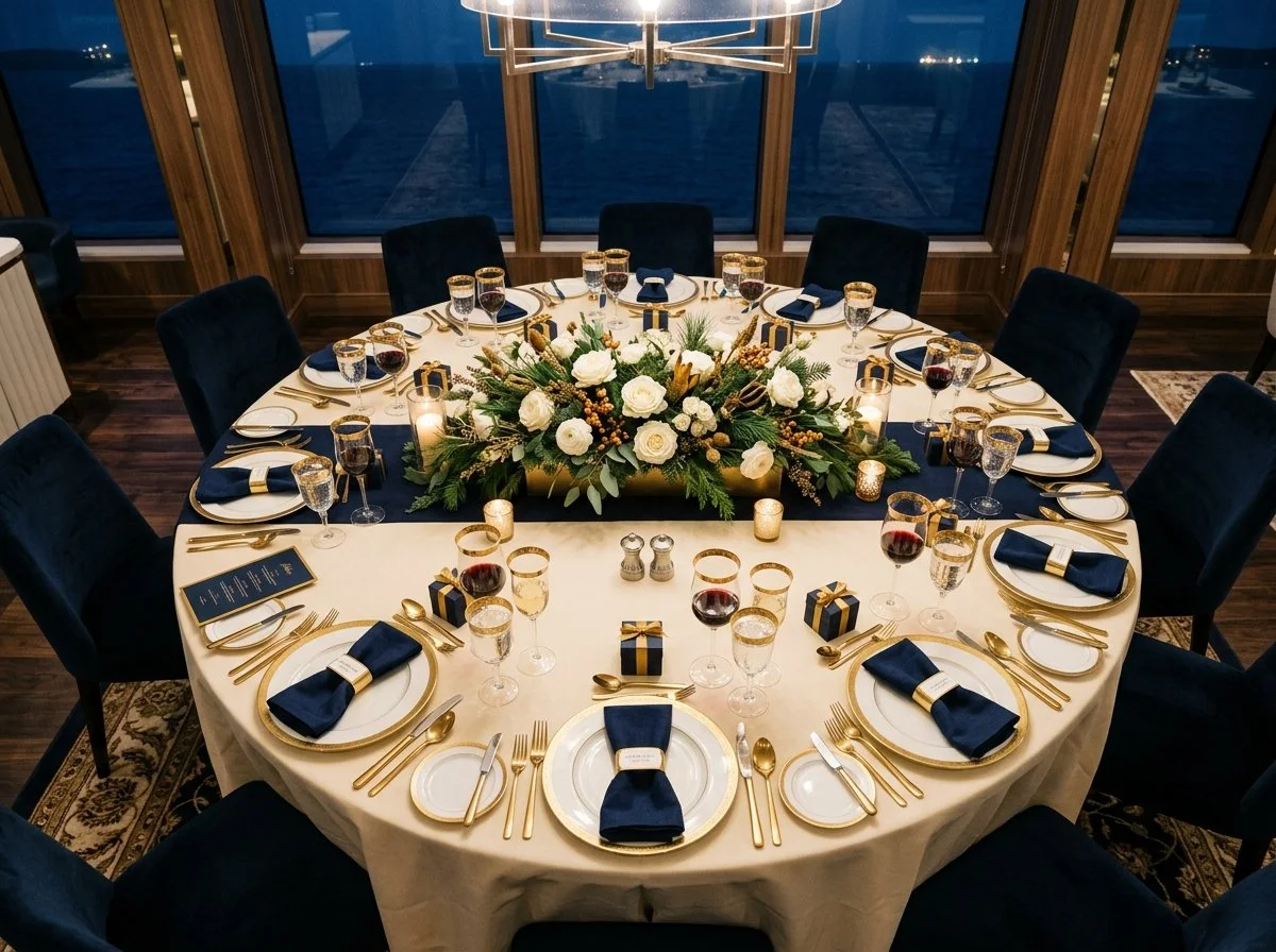 Elegant group dining table set for celebration on a luxury cruise ship