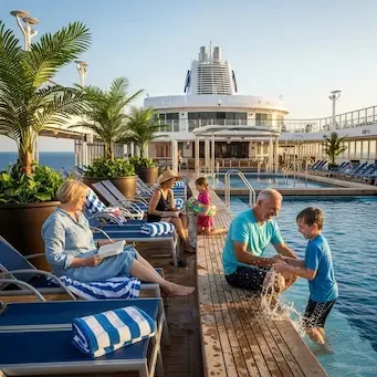 Three generations of a family relaxing and playing by a cruise ship pool, with the ship's smokestack visible in the background.