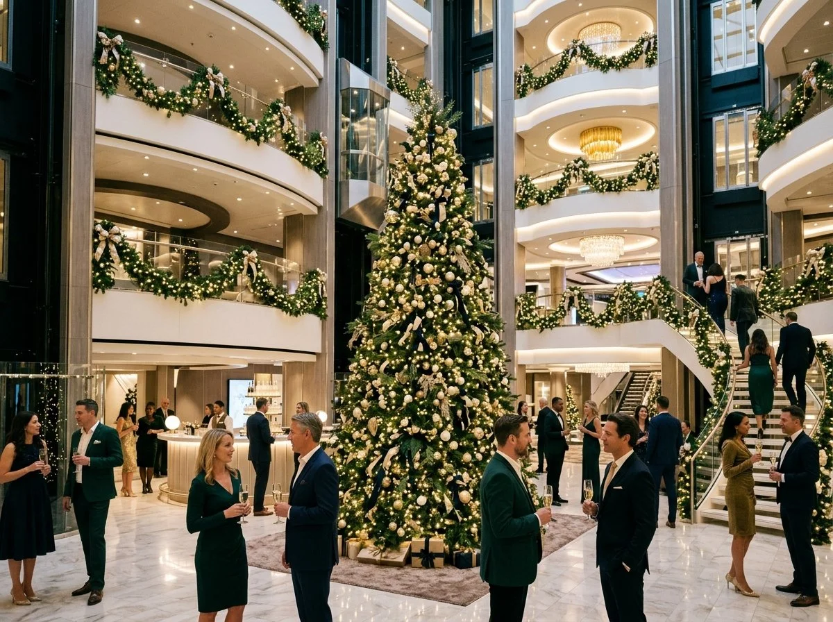 Festive holiday Christmas decorations and celebration aboard a cruise ship
