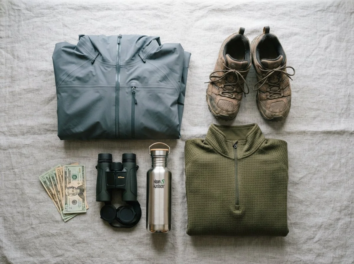Alaska cruise packing essentials laid out flat: layers, binoculars, rain gear, and walking shoes