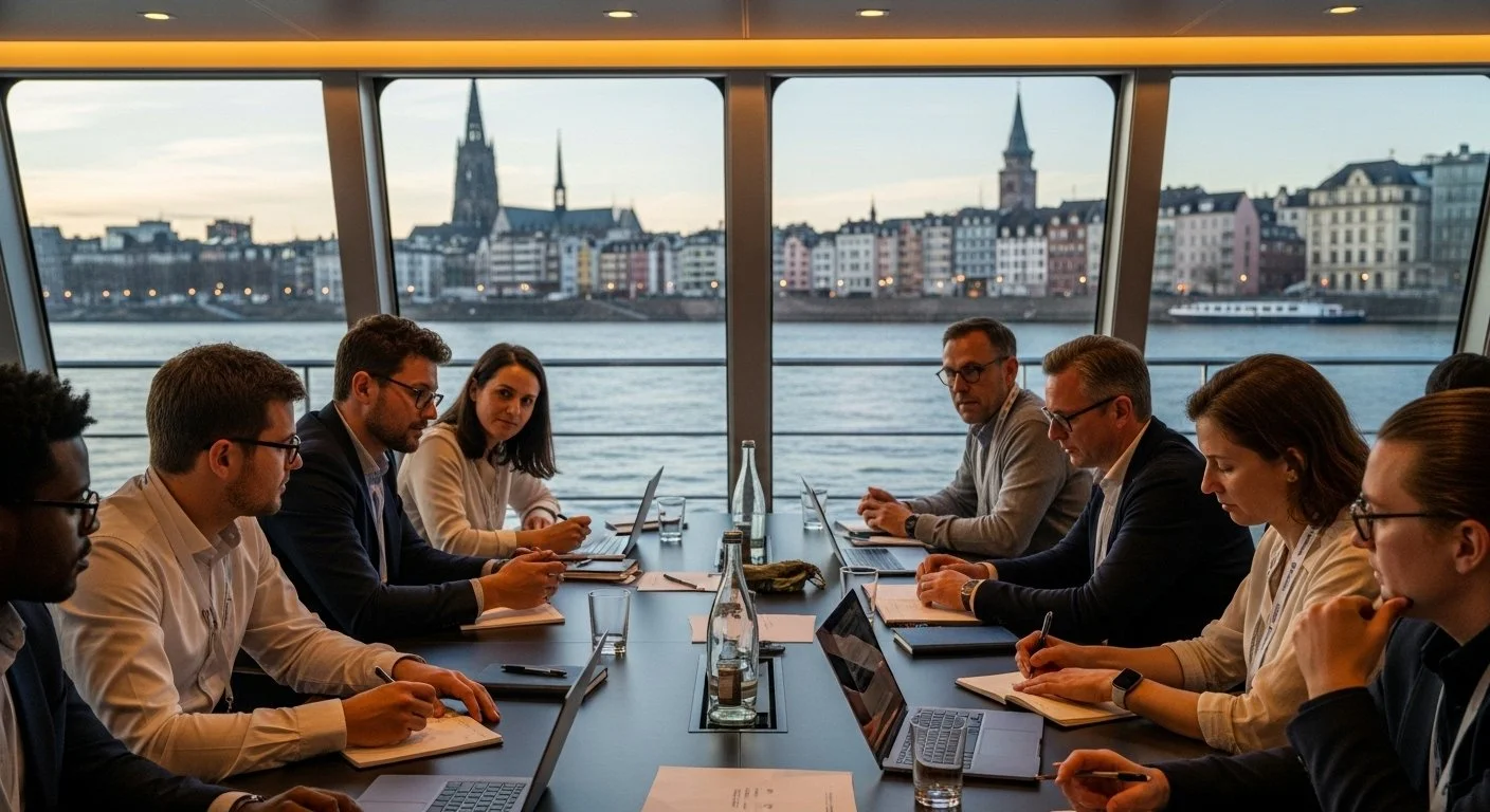 Group of diverse engaged attendees in a private meeting space on a riverboat charter with a river view and european city in the background