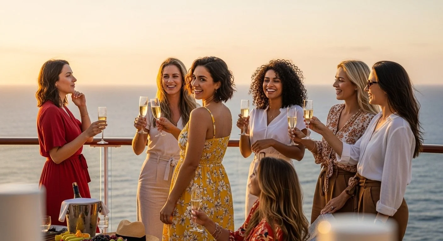 Group of women celebrating on a cruise ship deck, representing the milestone and girls trip travel experiences Untethered Voyages specializes in