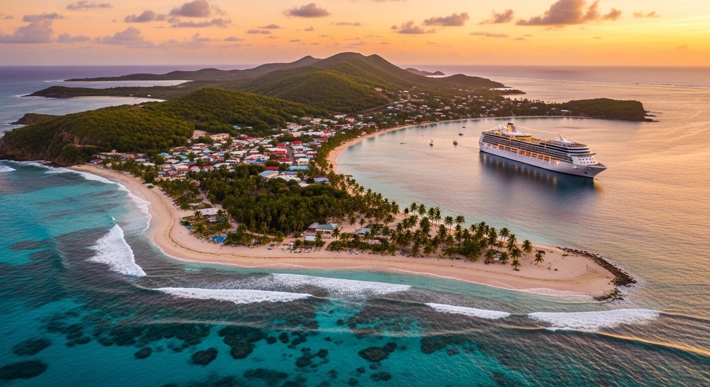 Aerial view of a turquoise Caribbean bay with a cruise ship at anchor — the kind of scene that greets you when you sail in May, before the crowds arrive.