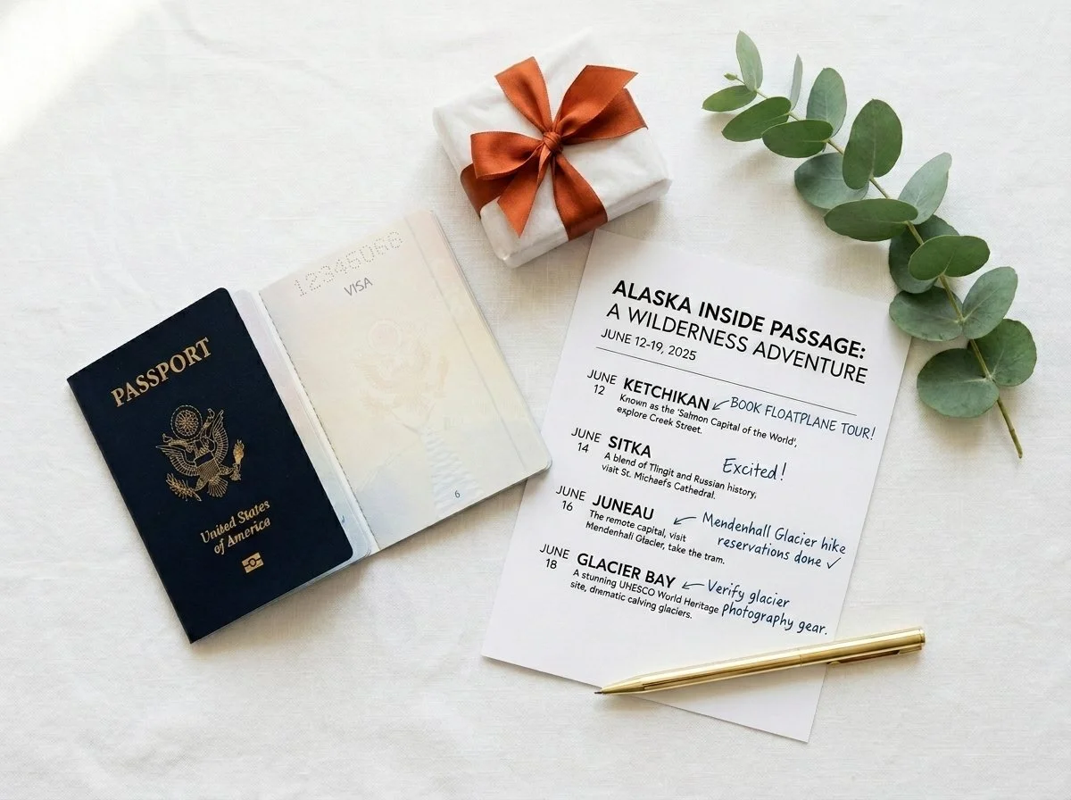 Travel planning flat lay with passport and itinerary representing an anticipated cruise vacation