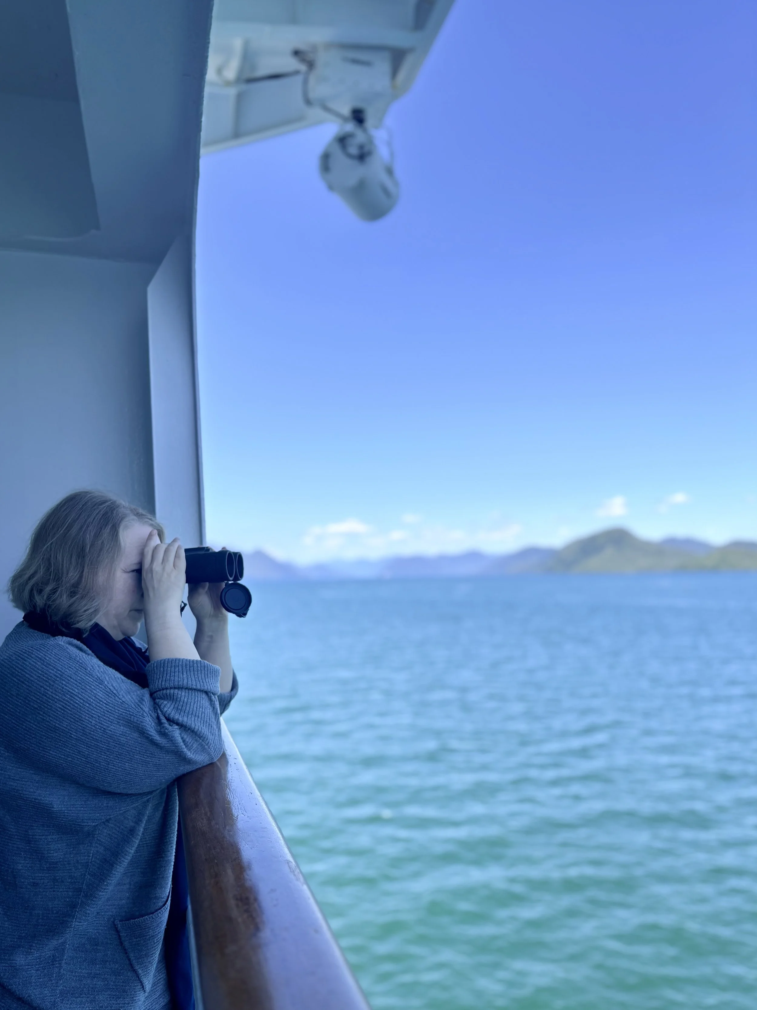 Looking through binoculars at the Inside Passage, Alaska