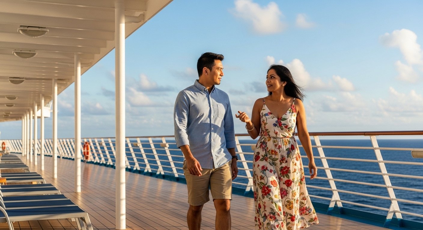 Two professionals walking and talking on cruise ship promenade during corporate retreat icebreaker activity