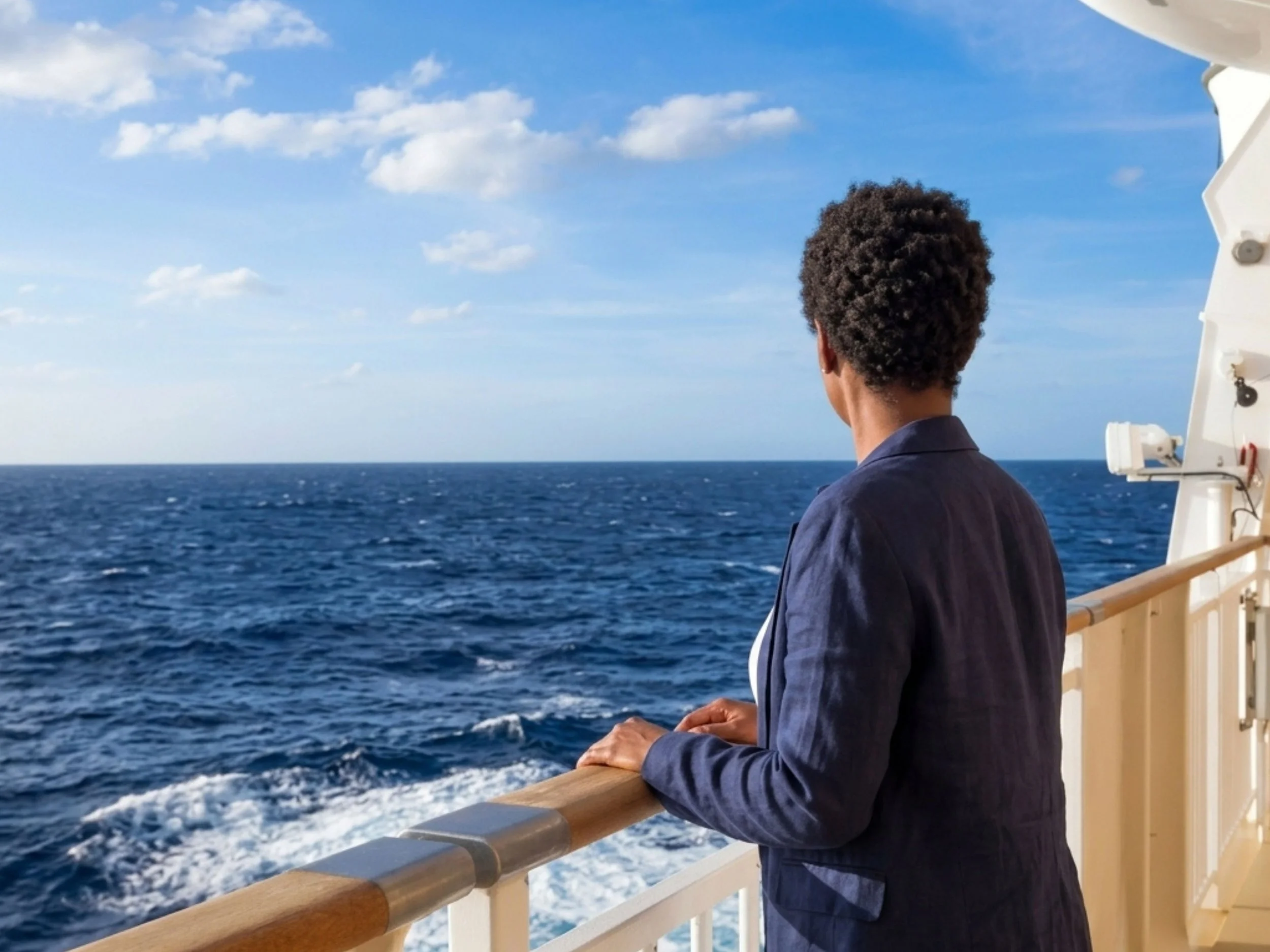Professional standing at cruise ship railing looking out at open ocean with clear skies