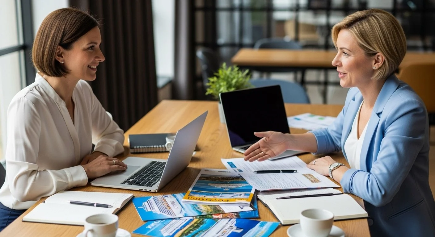 Two women founders reviewing cruise itinerary options for a client retreat