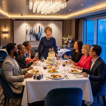 A diverse group of elegantly dressed guests celebrating a milestone around a cruise ship dining table, complete with a celebration cake.