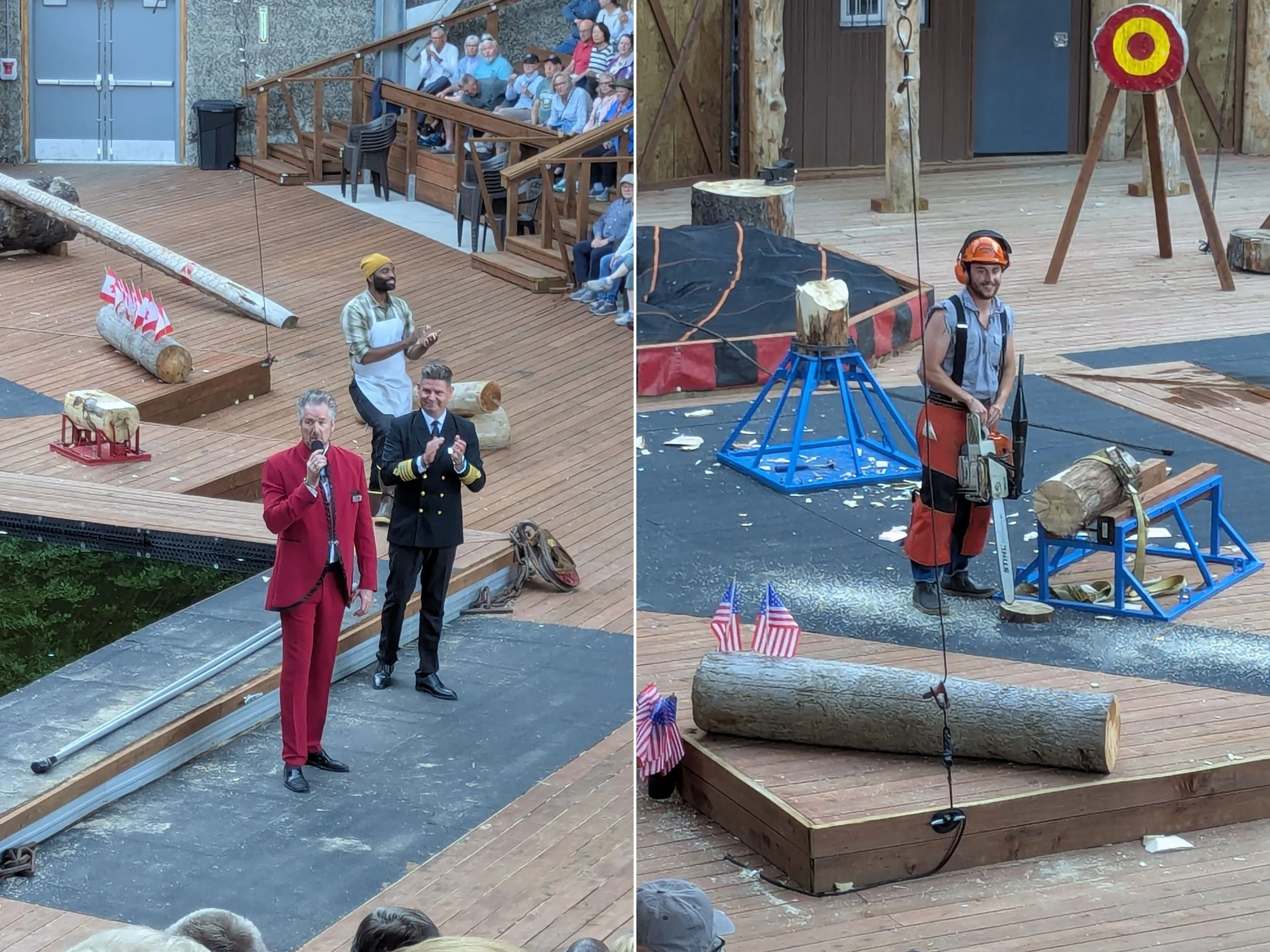 Side by side photos from the Lumberjack show, the first showing the Azamara cruise director and captain and the host, the second showing a lumberjack holding a chainsaw.