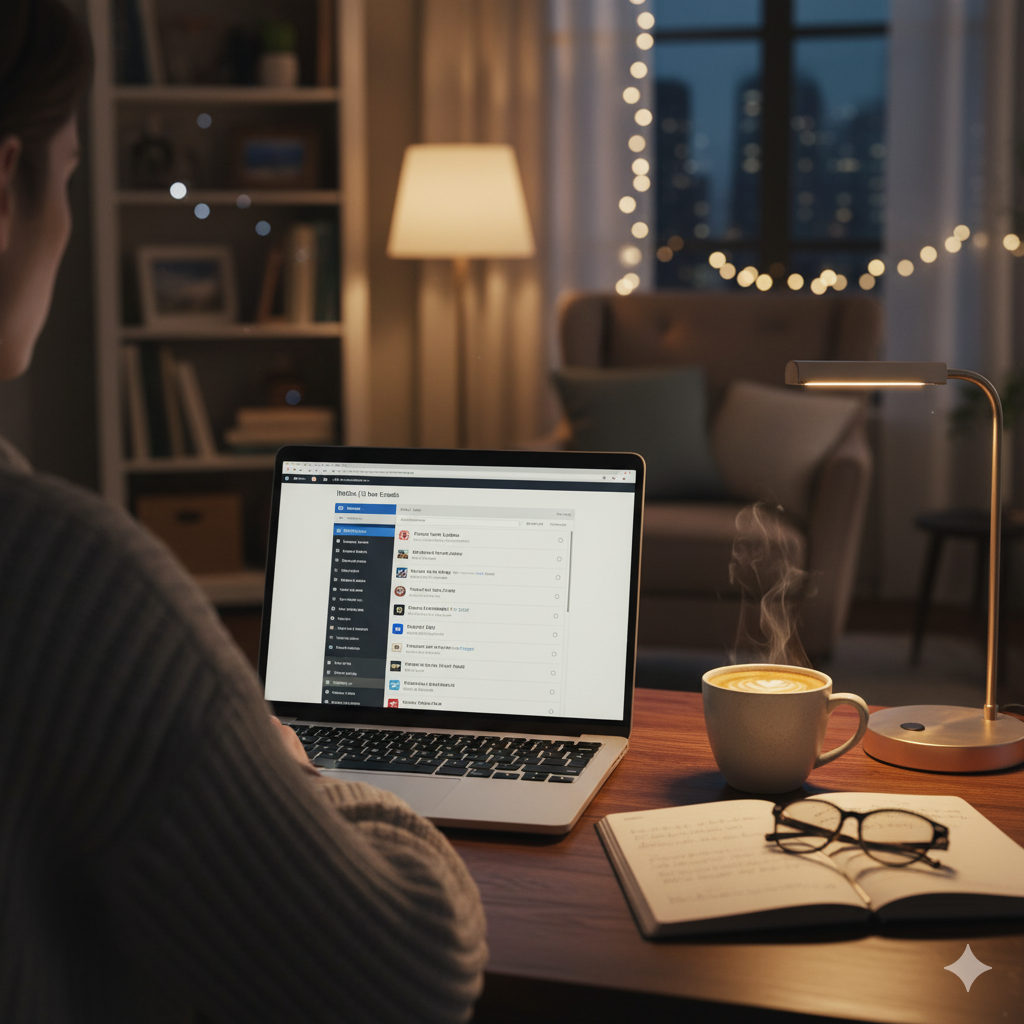 AI generated image of a cozy workspace scene with coffee and laptop showing an email inbox