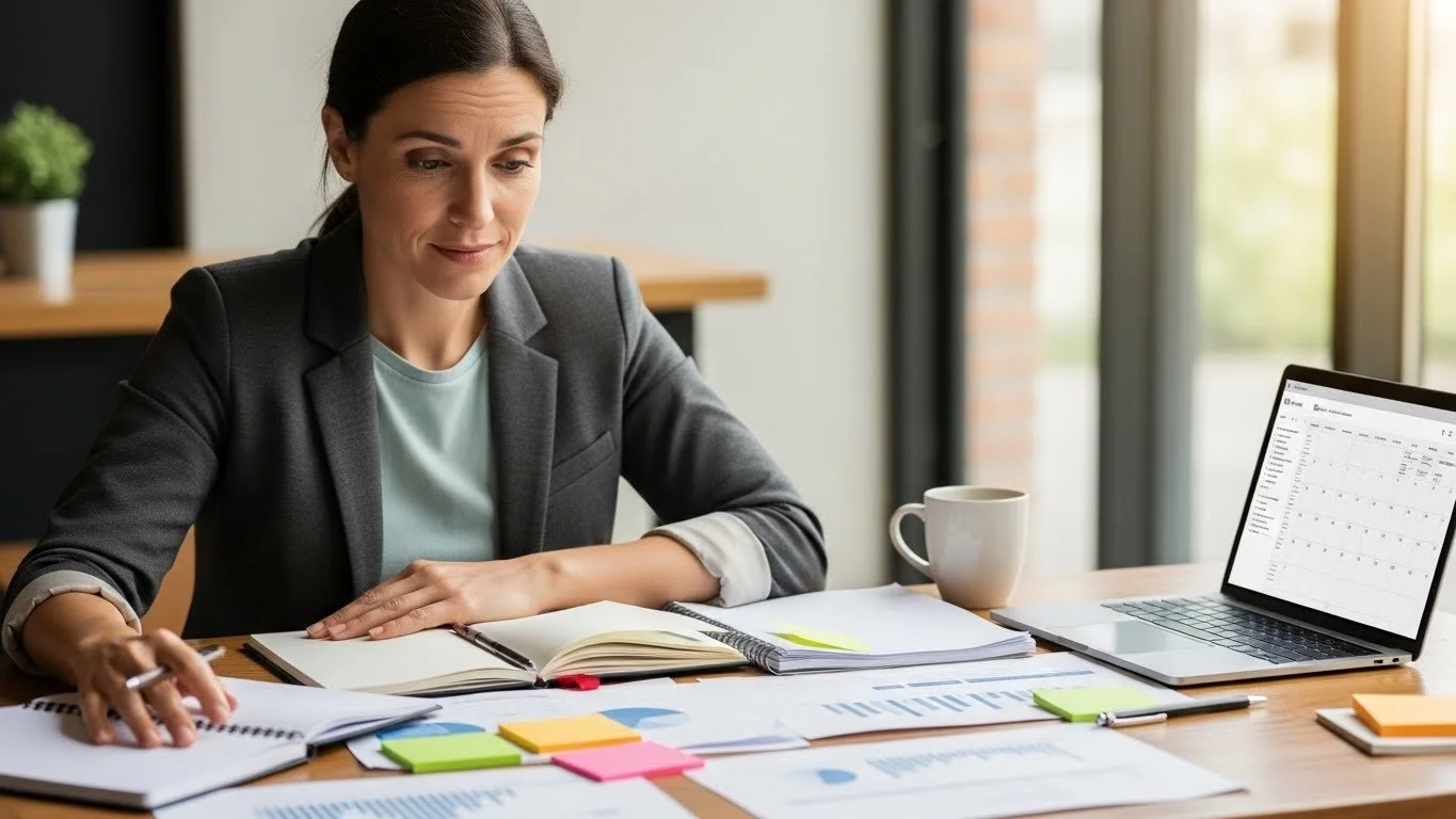 Event planner strategically reviewing corporate retreat planning materials