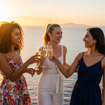 Three women raising champagne glasses in celebration on a cruise ship deck beneath a stunning open sky.