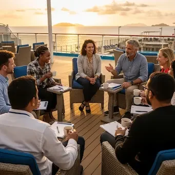 A diverse group of professionals gathered in deck chairs on a cruise ship, collaborating and exchanging ideas with notepads in hand.