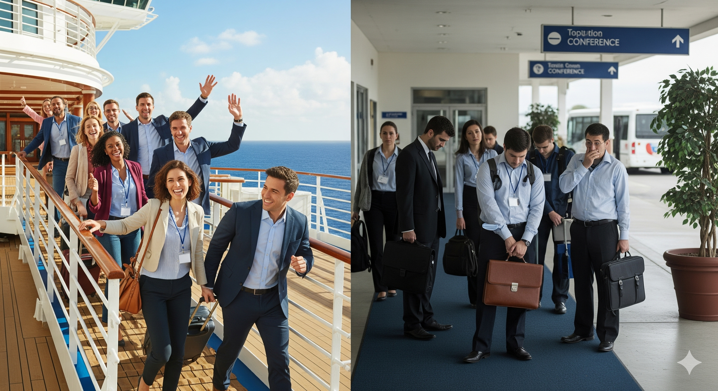 A split image showing a diverse group of happy, energetic professionals boarding a cruise ship on the left vs. a diverse group of tired, reluctant people at the start of a traditional long retreat on the right