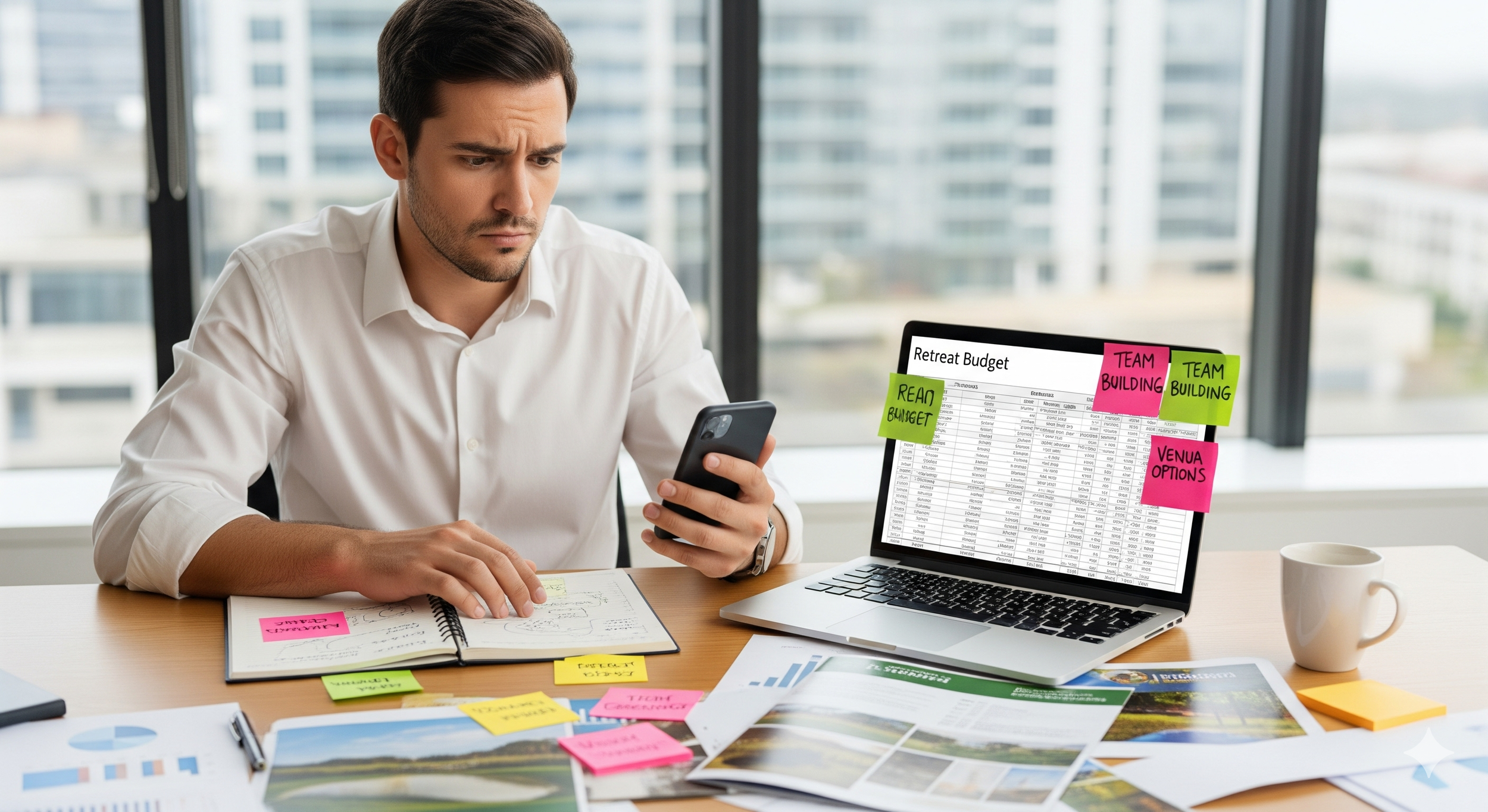 A man with brown hair and a white shirt in his 30s looking at his phone and laptop with a frustrated expression, surrounded by retreat planning materials.