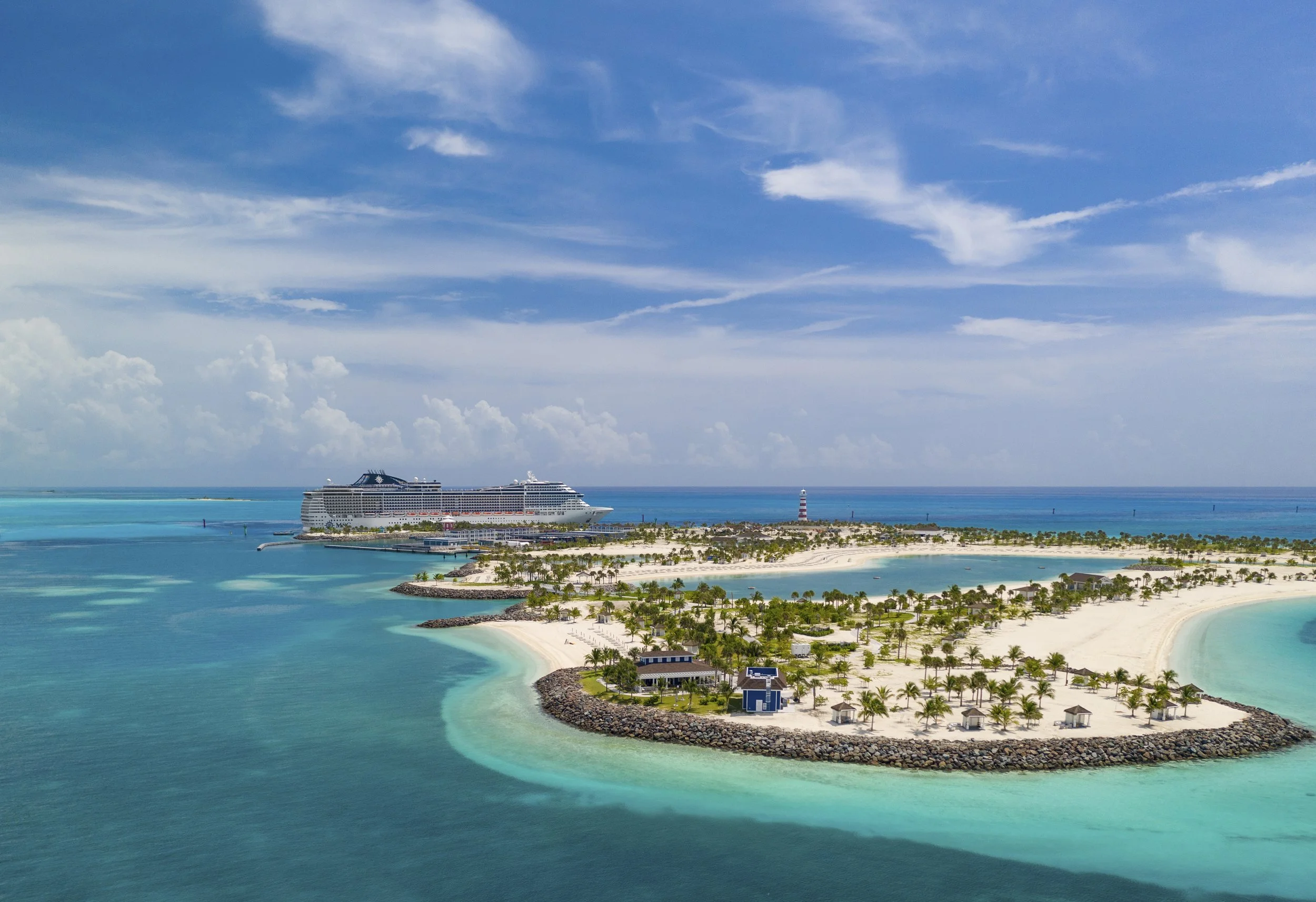 Private island beach in the Bahamas for a corporate group cruise event — clear water and white sand at MSC Ocean Cay