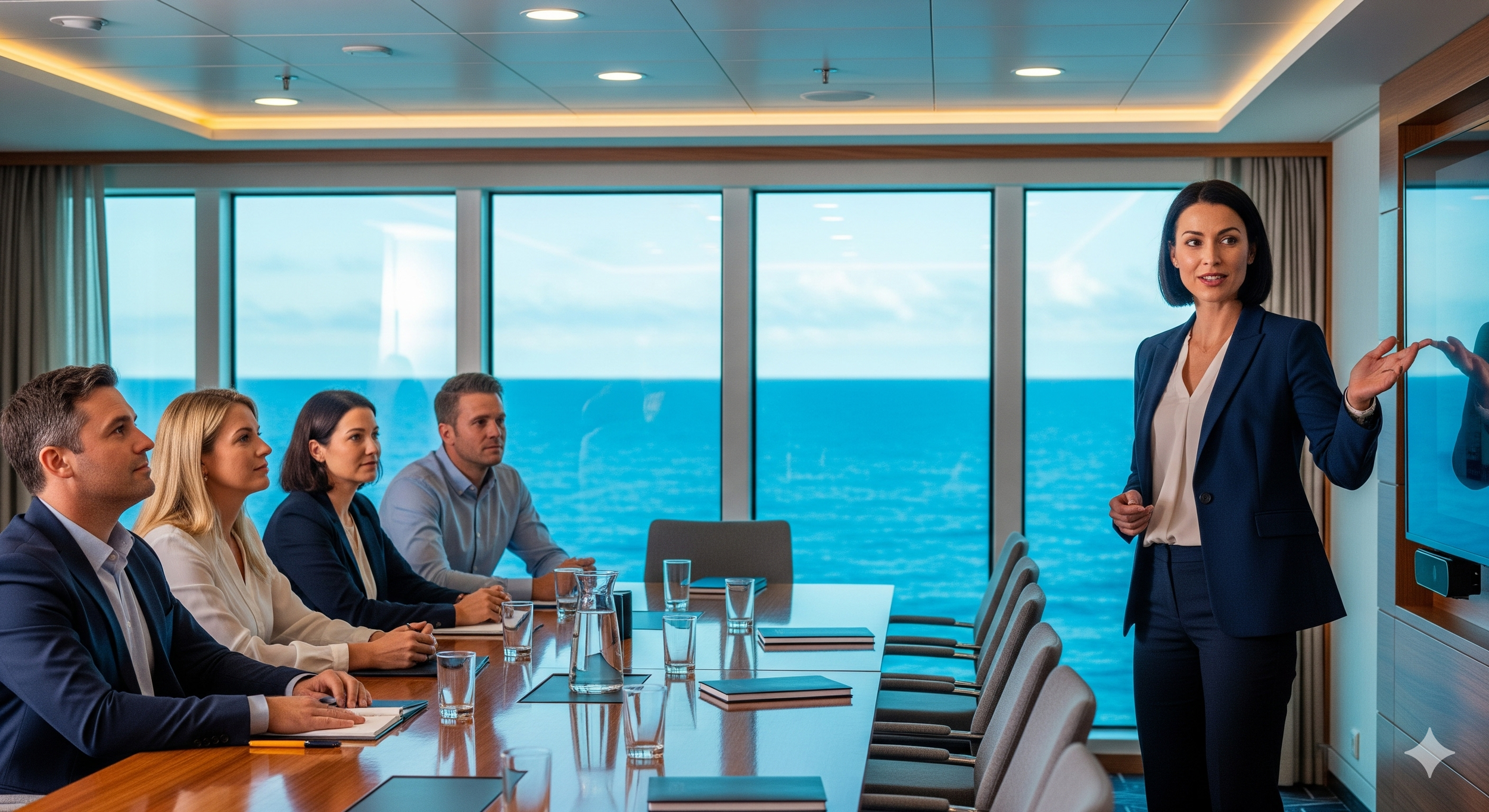 An image of a 30ish professional woman wearing a black suit presenting to a small group in a cruise ship meeting room.