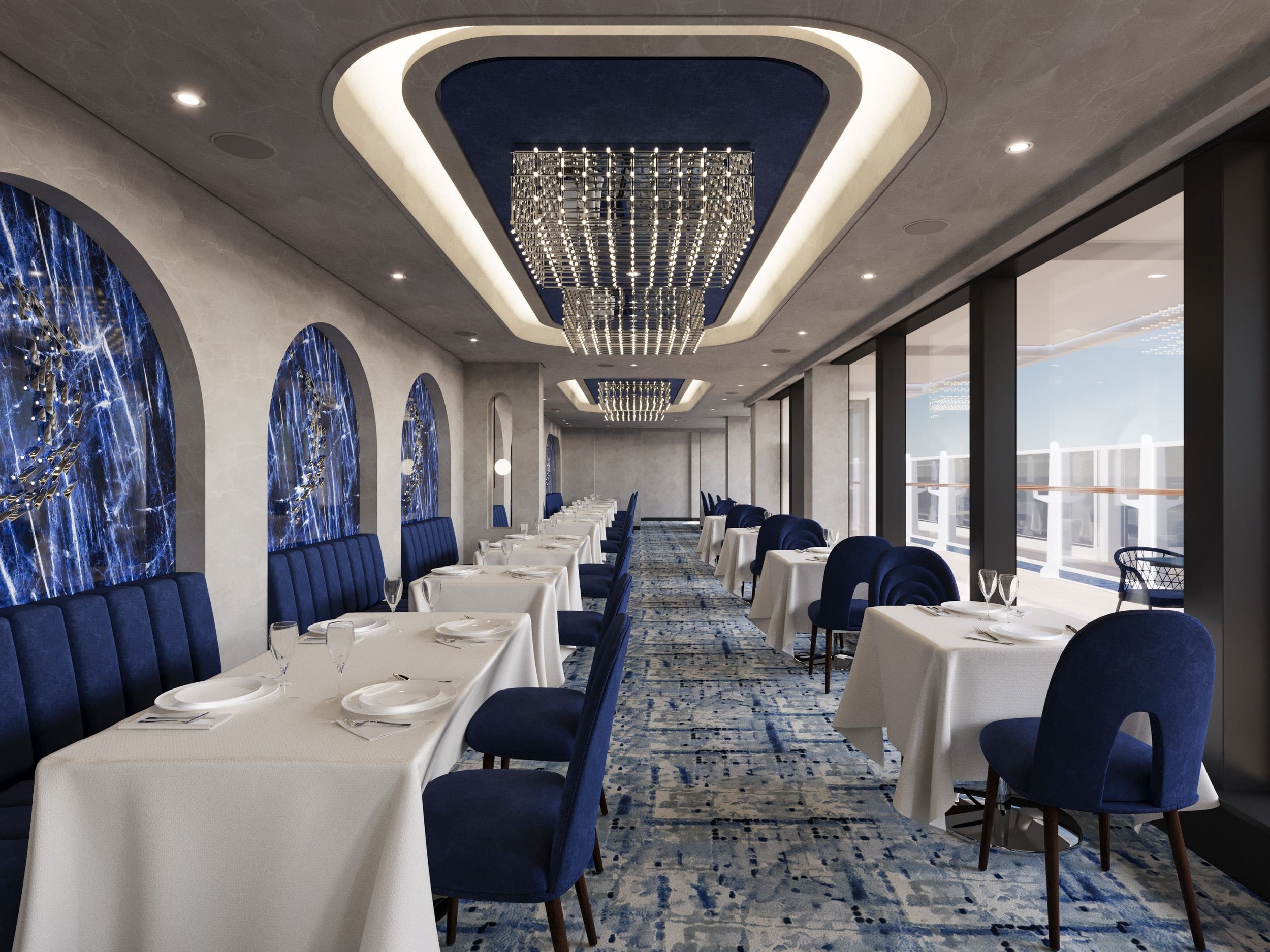 Explora Journeys dining experience with elegant table setting and ocean views