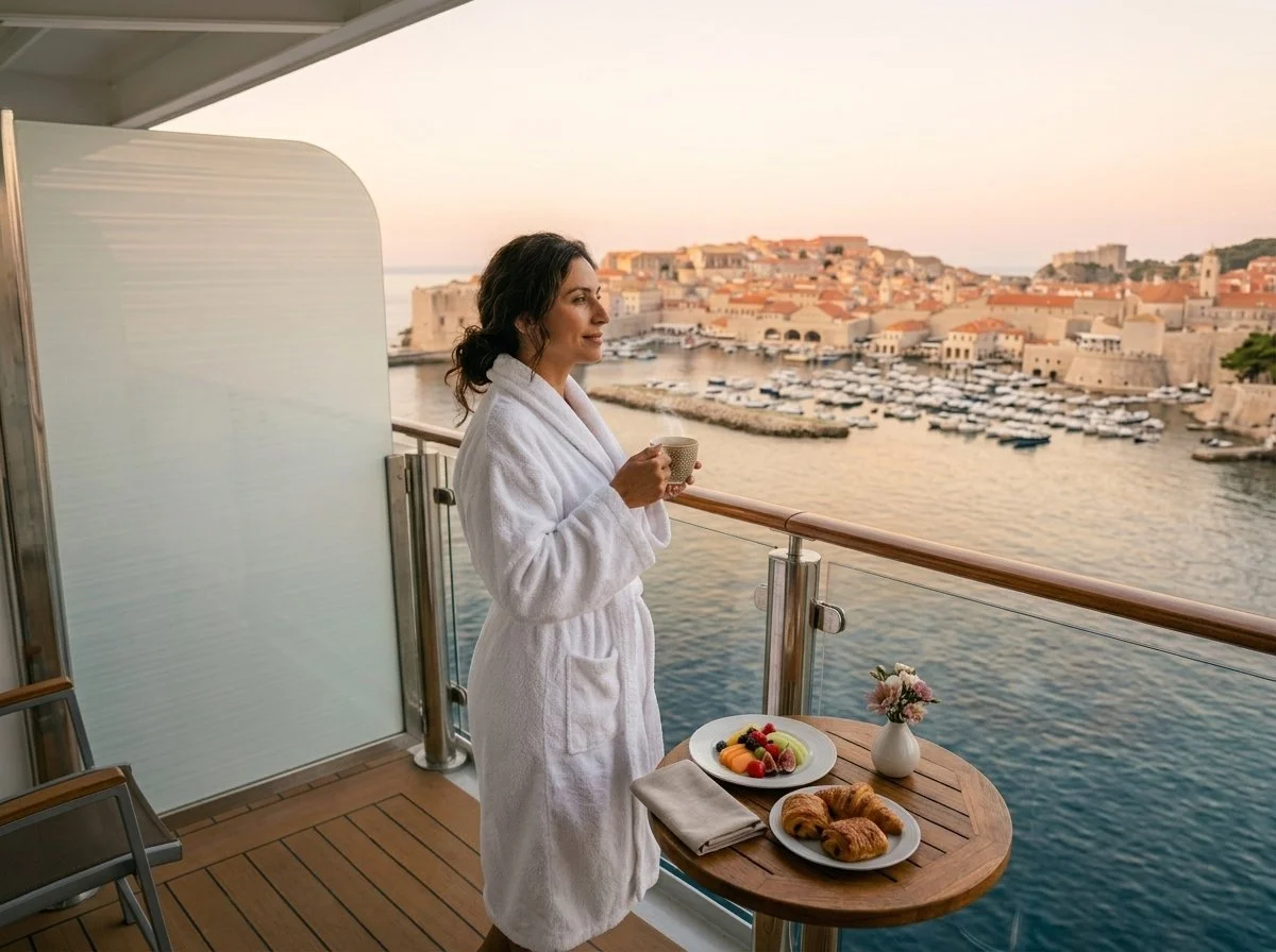 Traveler relaxing on premium cruise ship private balcony with Mediterranean port view