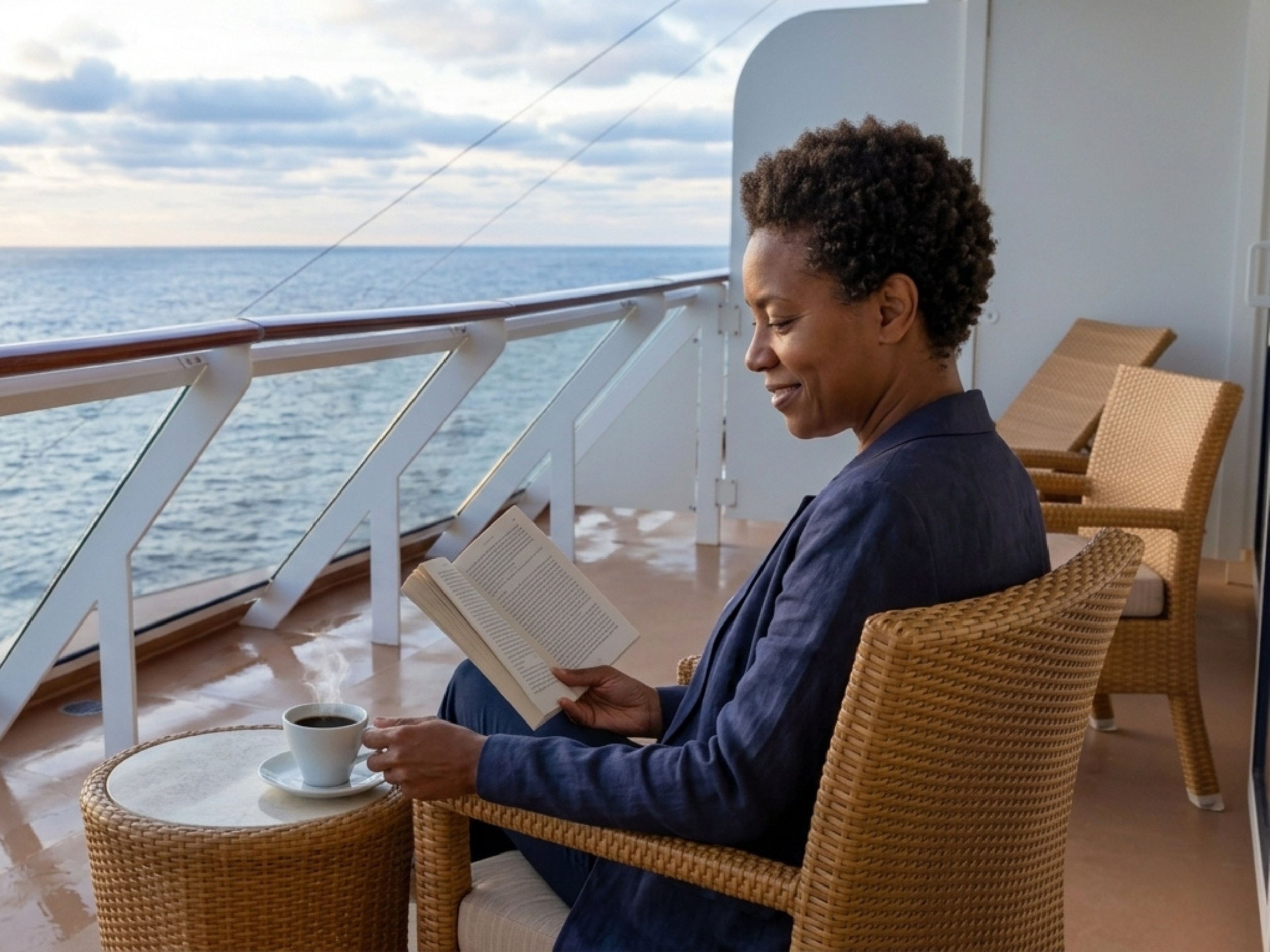 Professional relaxing on luxury cruise ship deck with a book an open ocean view and warm light