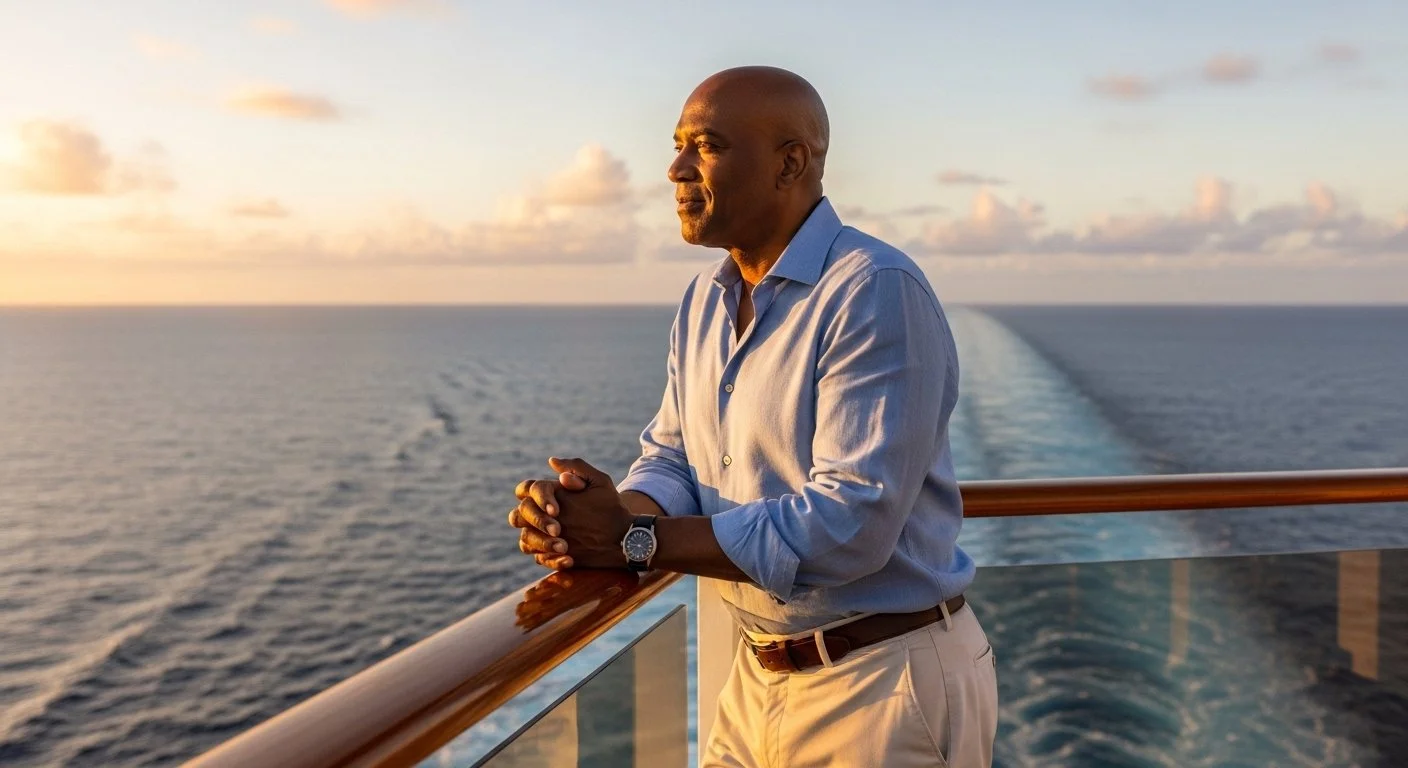 A person standing at the rail of a cruise ship looking out at the open ocean — the kind of quiet, removed moment that makes retreat transformation possible.