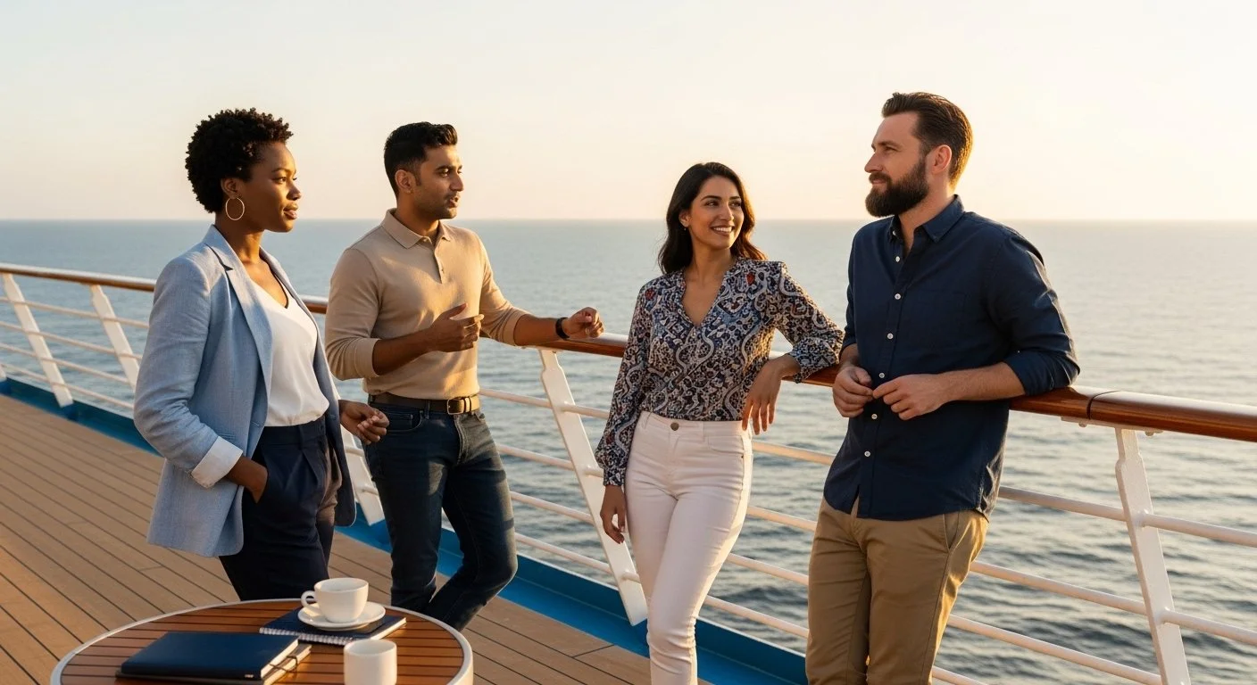 Small group of professionals gathered on a cruise ship deck overlooking the ocean — a cruise retreat setting for coaches, consultants, and business teams.