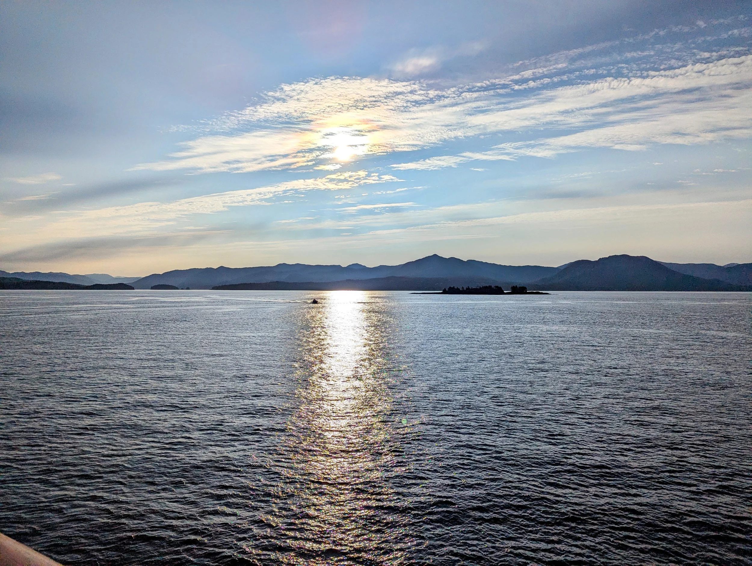 Sunset from the cruise ship veranda overlooking Alaska waters