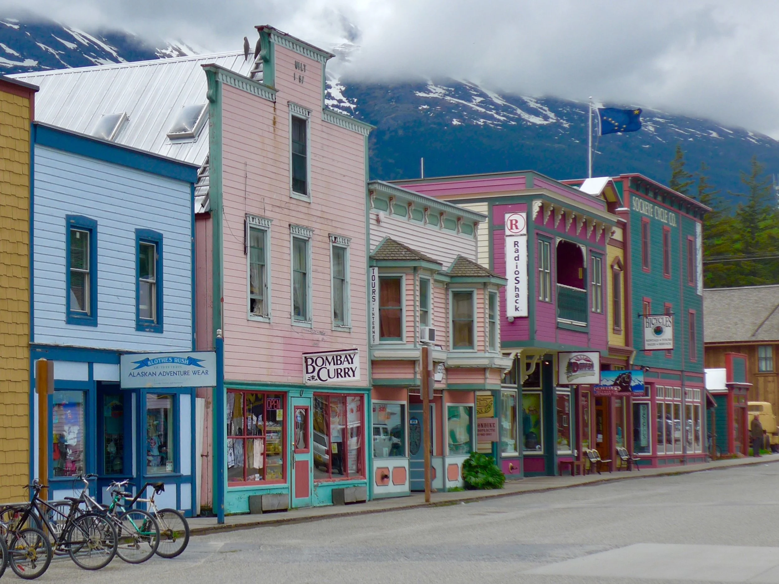 Frontier storefronts of downtown Skagway's National Historic Landmark district.