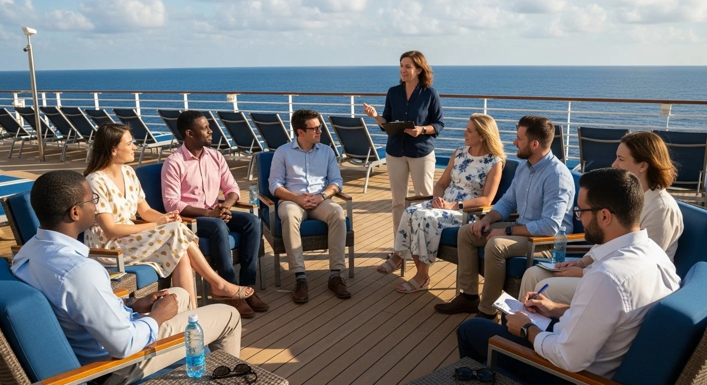 Small group of coaches and clients in an intimate facilitated session — the kind of focused, contained environment that makes retreat work possible.