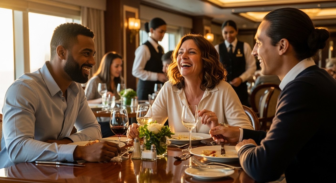 Professionals having a meaningful conversation at dinner during a group event — the kind of in-person connection that can't be replicated on a screen.