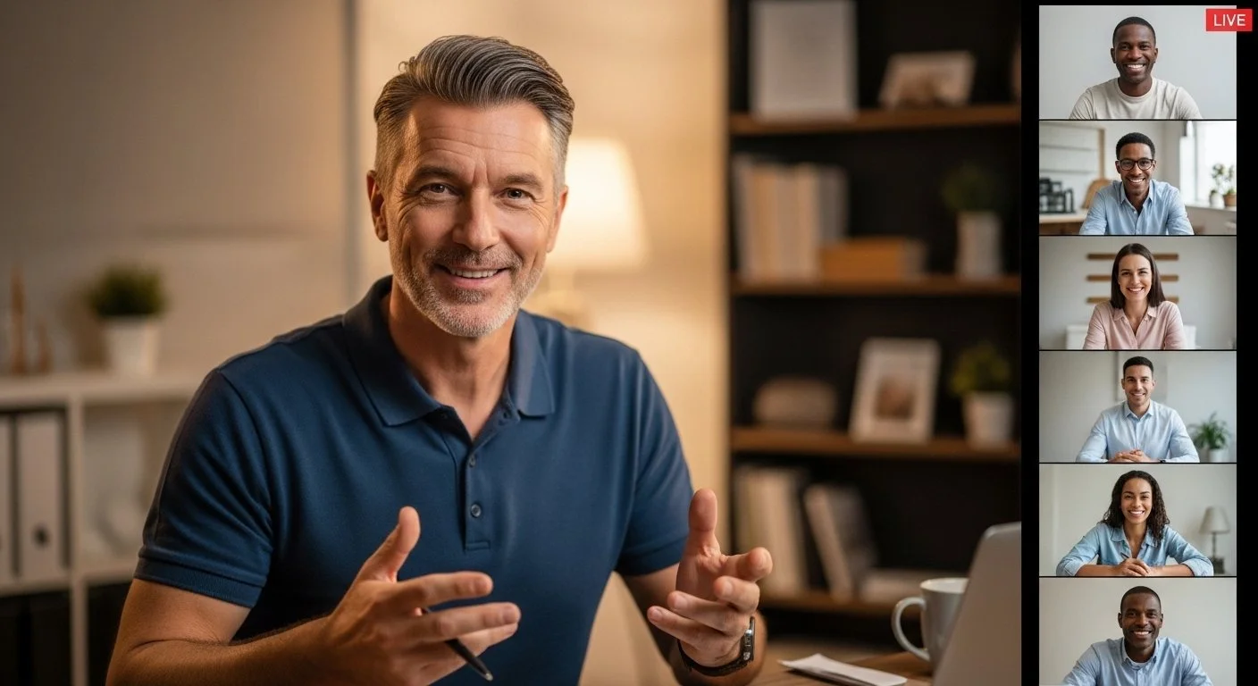 A coach presenting a retreat offer to an engaged group — the moment when confident framing makes the investment feel like an obvious yes.