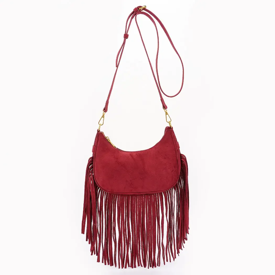 Fringe Trimmed Faux Suede Crossbody Bag