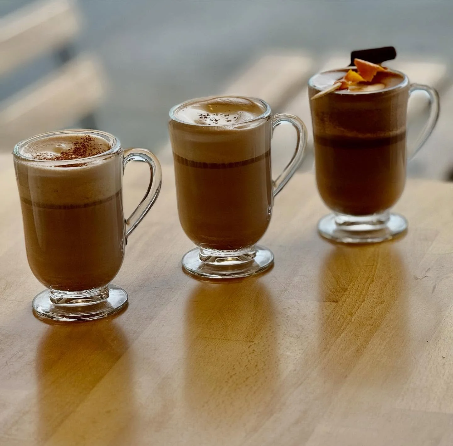 Boozy Hot Chocolate! 
Chopped milk or dark chocolate is whisked into steamed half & half and then the good stuff goes in…..
Dark chocolate & orange - Licor 43 and coffee liqueur, dark chocolate, salty vanilla soft whipped cream.  We