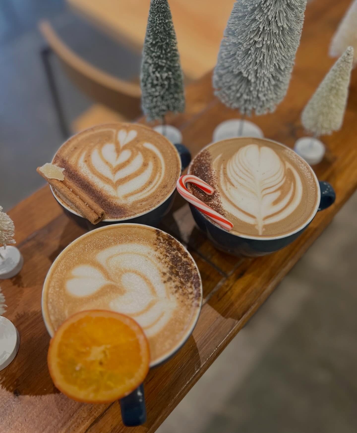 ❄️Winter Coffee Drinks❄️ 
 
GINGERBREAD LATTE - our housemade gingerbread syrup is full of molasses and fresh ginger 

SPICED MANDARIN  LATTE- fresh orange, cardamom, clove, ginger, star anise and cinnamon flavor this housemade syrup

PEPPERMINT MOCH