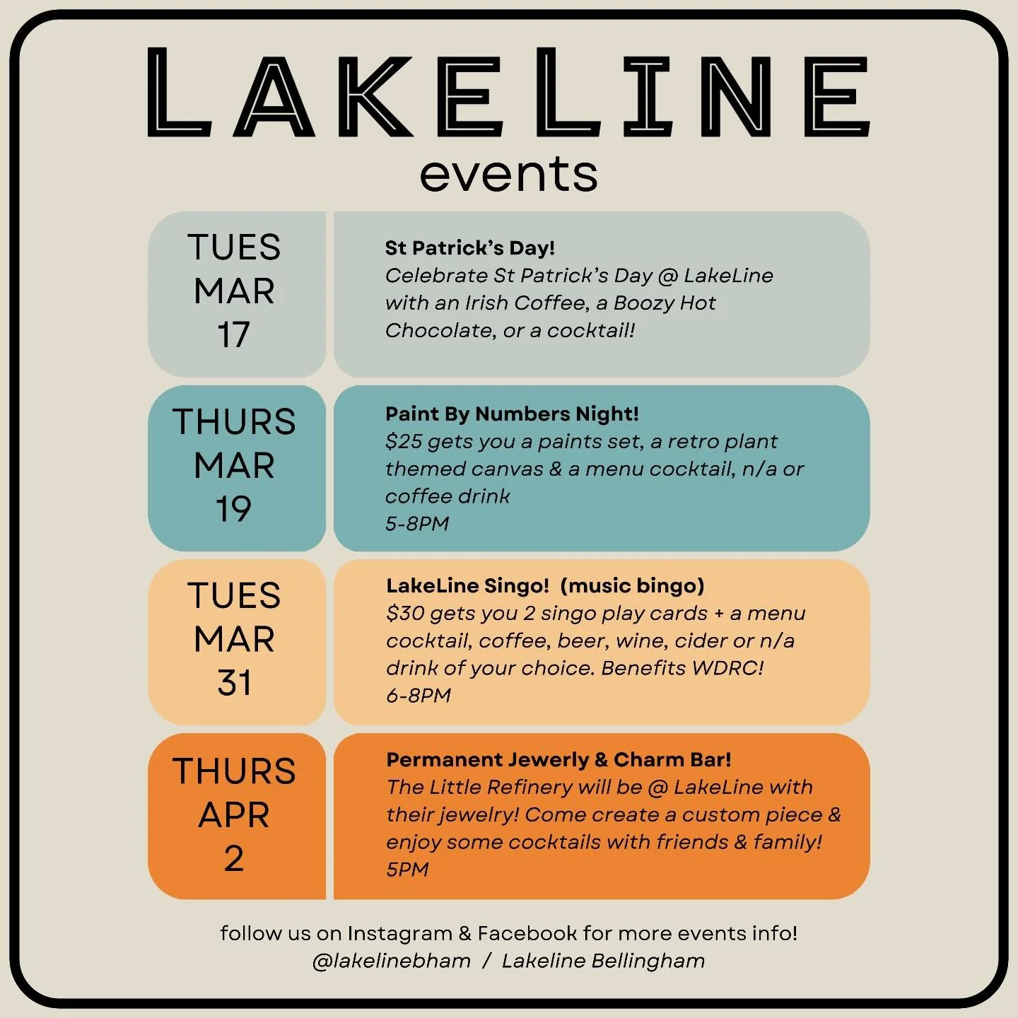 Fun events coming up at LakeLine in the next couple weeks! See you there!