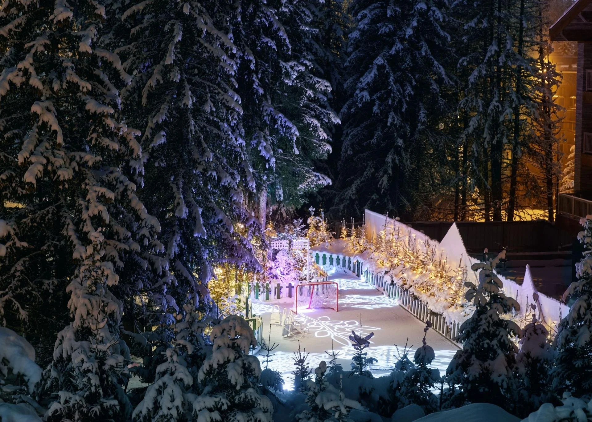 Snow-covered backyard with a white fence, Christmas lights, and a small hockey net, surrounded by tall evergreen trees with snow, illuminated by warm lights at night.