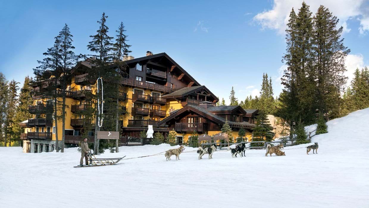 A person standing in snow with a dog sled team outside a large wooden lodge surrounded by pine trees.