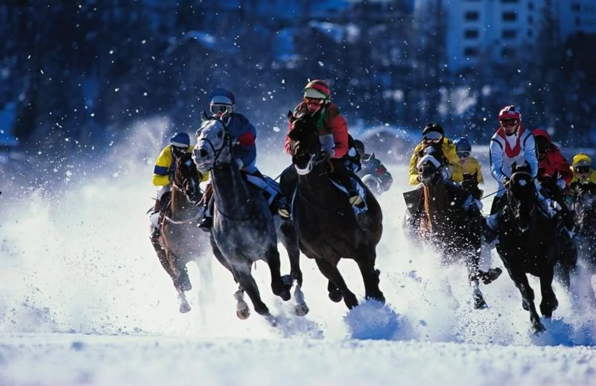 Group of racehorses and jockeys galloping through snow on a winter day at White Turf in St Moritz.